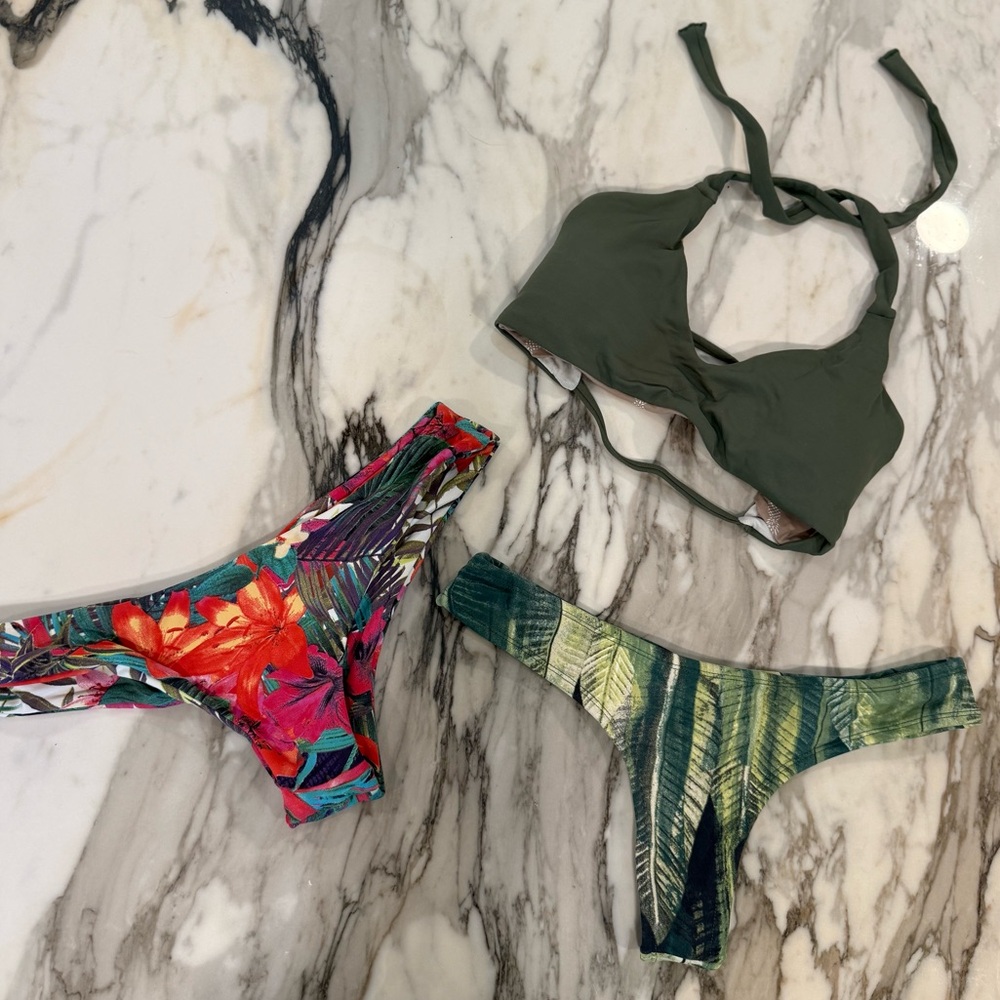 Midori Leaf Print Bikini Thong, Tropical Cheeky Bottom and Green Top